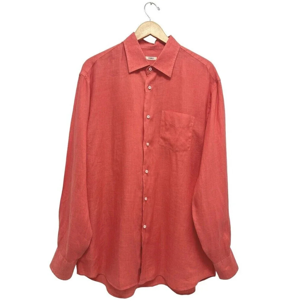 FEDELI Men’s Button Down Linen Shirt Long Sleeve Summer Shirt Coral Size 45 XL - Picture 3 of 11
